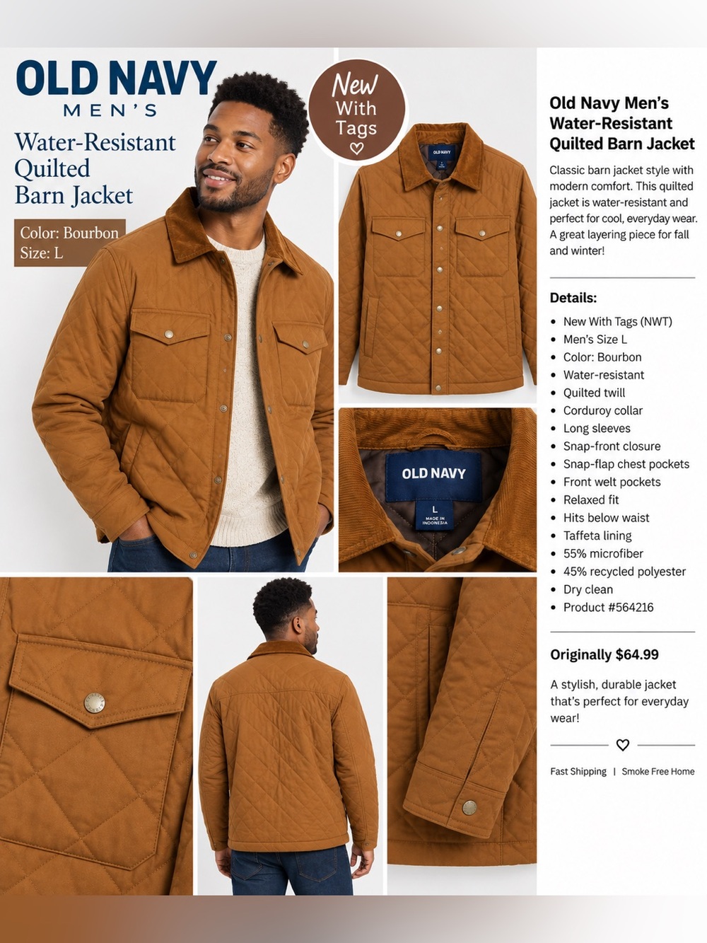Old Navy Men’s Water-Resistant Quilted Barn Jacket Bourbon Size L NWT
